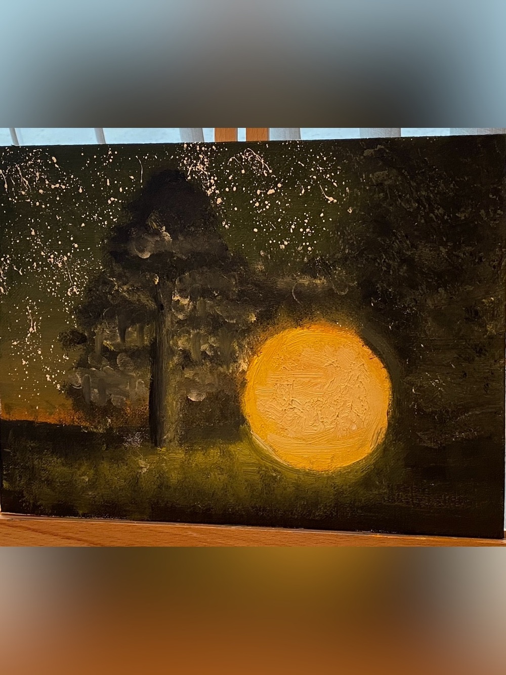 Original Yellow Moon Canvas Art with Dark Green Landscape - Unbranded